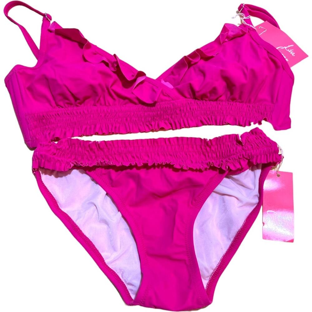 Lisa Curran Swim Bikini Size Small Barbie Pink Ruffle Smocked top & bottom 2pc